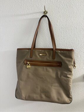 Michael Kors Taupe Tote with Brown Leather Trim and Gold Hardware